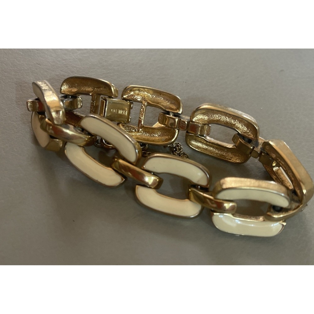 Vintage Monet Gold Tone Cream Enamel Bracelet  Signed